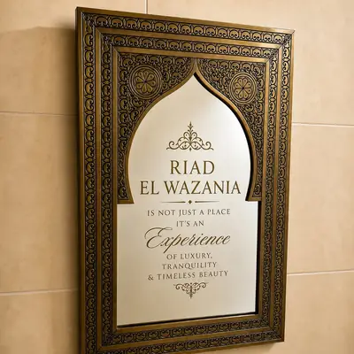 La plaque gravée de l’entrée, dans son cadre en arc